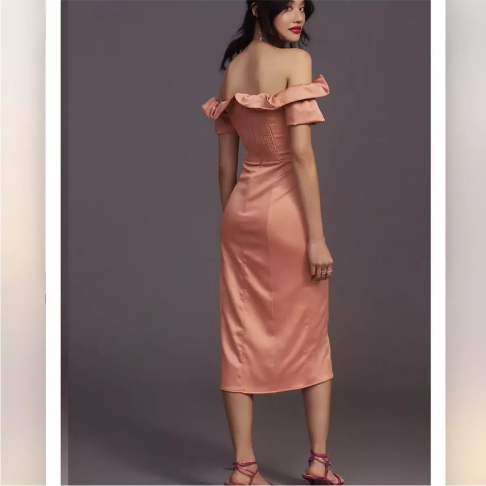 NWT ANTHROPOLOGIE Ruffled Off-The-Shoulder Dress pink satin Size Medium - Picture 5 of 16